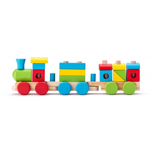 Multicolored wooden train with geometric shapes Multicolored wooden train with geometric shapes