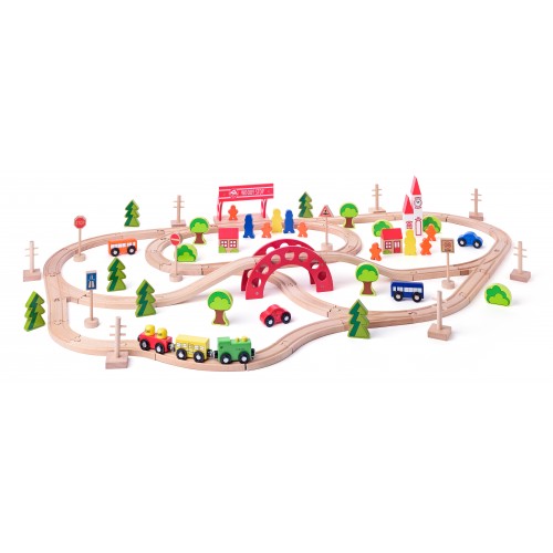 Wooden play set “Railway complex with an air bridge” (90 pieces) Wooden play set “Railway complex with an air bridge” (90 pieces)
