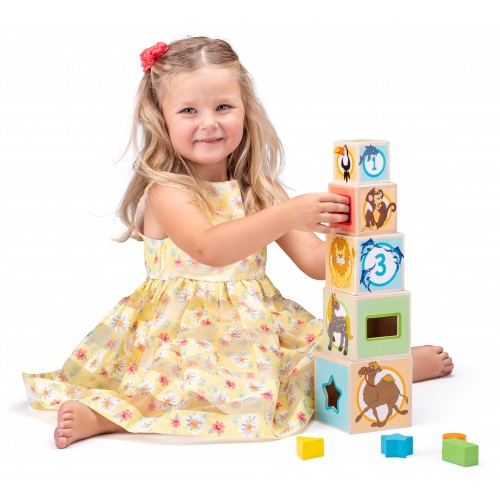 Wooden pyramid – sorter “Animals, shapes, numbers and colors” 3 in 1